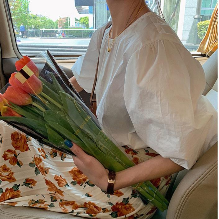 

Корейский шик Женская летняя блузка 2025 с пышными рукавами свободного кроя - Однотонная, тонкая с круглым вырезом, с коротким рукавом XXL белый