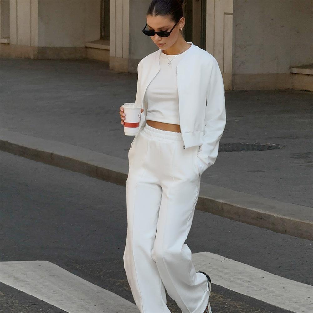 Europe, America, autumn and winter new fashion casual short waist zipper jacket straight pants sweater set