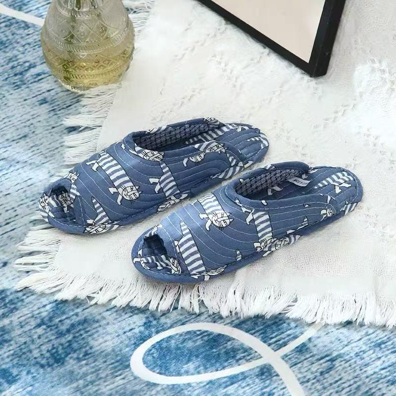 Atmungsaktive Baumwoll-Hausschuhe mit offenen Zehen, Stoffsohle und Krabbelmatte - Leise, Ganzjahres-Stil, Koreanisch