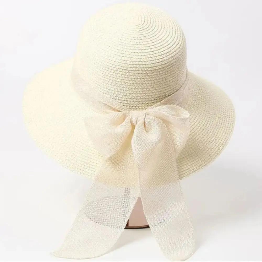 New Summer Women Sun Hat Casual Fashion Bowtie Fisherman Hat Straw Hat with Bow Ribbon Travel Beach Hat