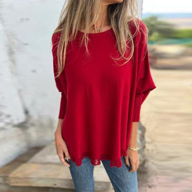 Jesienno-zimowa luźna bluzka z długim rękawem z koronką Mulle i dzianinowym dołem