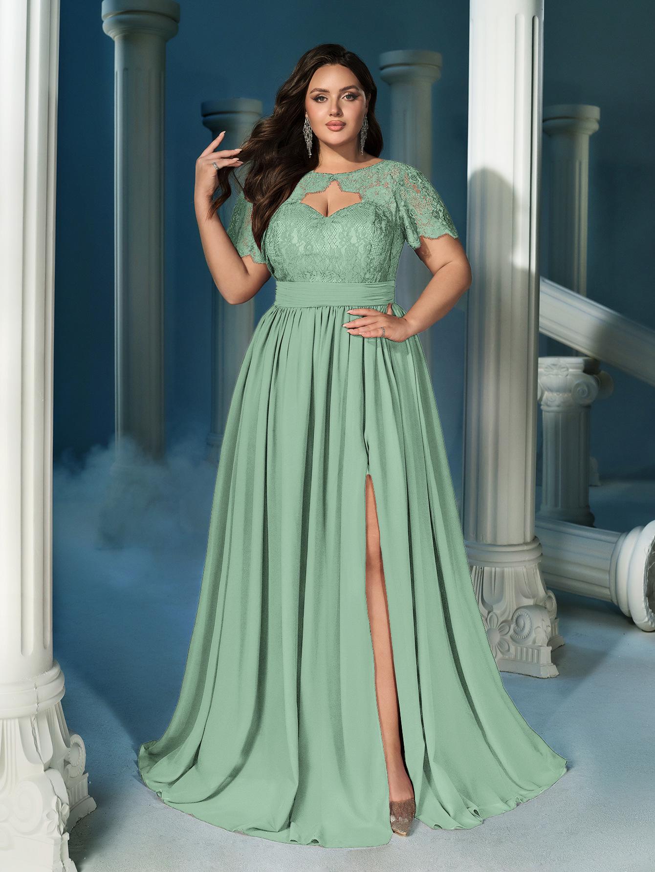 

2026 Spring/Summer Elegant Lace Waist-Cinched Slim Patchwork Dress with Large Hem 3XL светло-зеленый