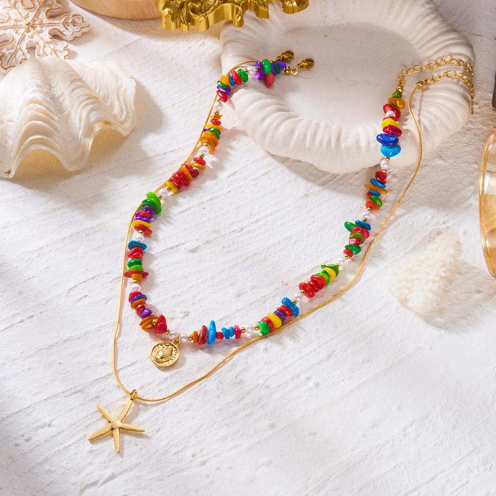 Bohemia Ocean Starfish Pendant Choker Necklace for Women Colorful Stone Imitation Pearl Shell Necklaces Holiday Party Jewelry