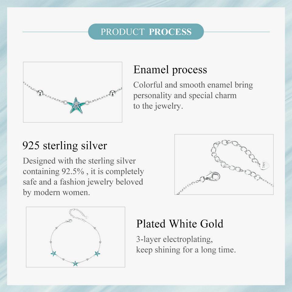 Bamoer 925 Sterling Silver Blue Starfish Bracelet Plated White Gold Adjustable Chain for Women Summer Fine Jewelry Party
