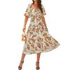 Women's Fashion Floral Square Collar High Waist Hollow Bubble Short-sleeved Back Pleated Printed Dress