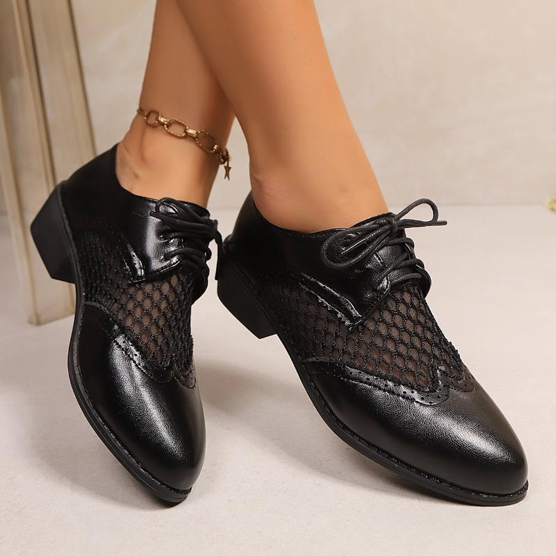 Fashion Summer Casual Square Heel Low Top Single Shoes Women's Paneled Mesh Lace-Up Levelless Deep Mouth Plus Size Women's Shoes