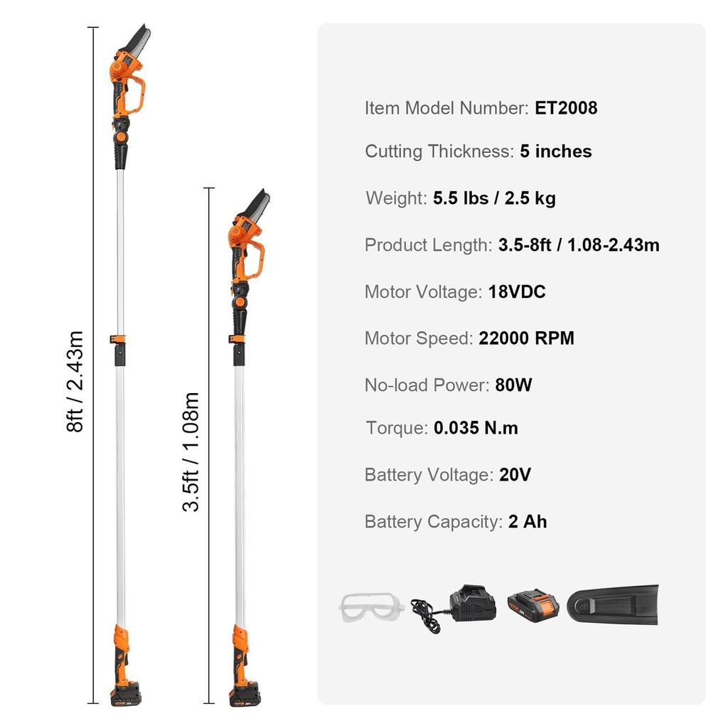 2-in-1 Cordless Pole Saw & Mini Chainsaw, 20V 2Ah Battery Pole Chainsaw, 5" Cutting Capacity 8 Ft Reach Pole Saw for Branch Cutting & Tree Trimming