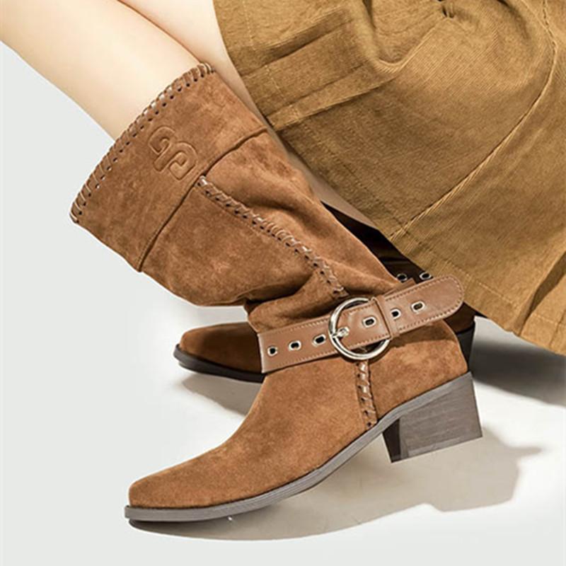 Fashion Retro Western Ankle Boots for Women Fashion Belt Buckle Decoration Wedge Mid Calf Boots High Quality Faux Suede Zapatos De Mujer