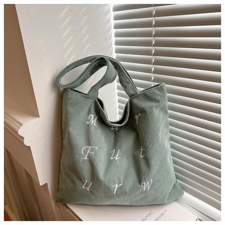 Korean Corduroy Embroidered Tote Bag for Students - Artistic Autumn/Winter Design