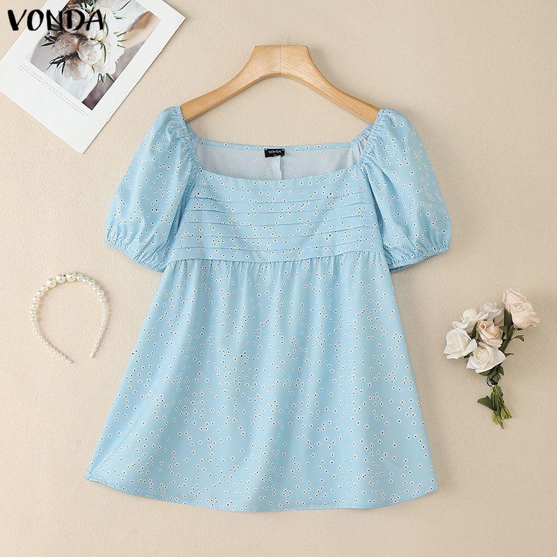 VONDA Summer Women Casual Square Collar Short Sleeve Polka Dots Blouse