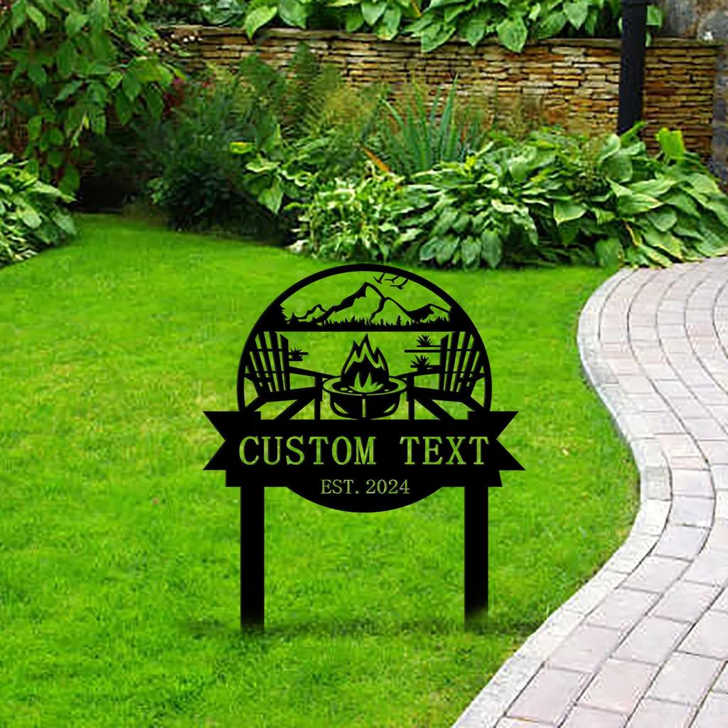Personalisierte Lagerfeuer Metallschild, Individuelle Hütten Namensschild, Outdoor Gartenpfahl Dekoration, Camping Geschenk Rustikal