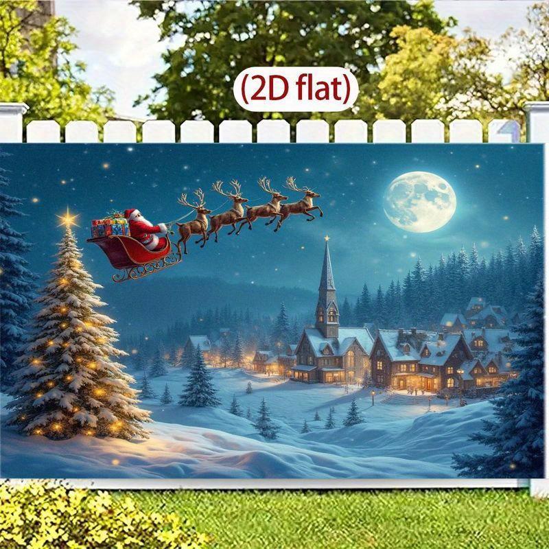 1pc Festival Santa Claus Sled Canvas Mural - Winter Miracle Scene with Snow Village and Full Moon Christmas Home Decoration