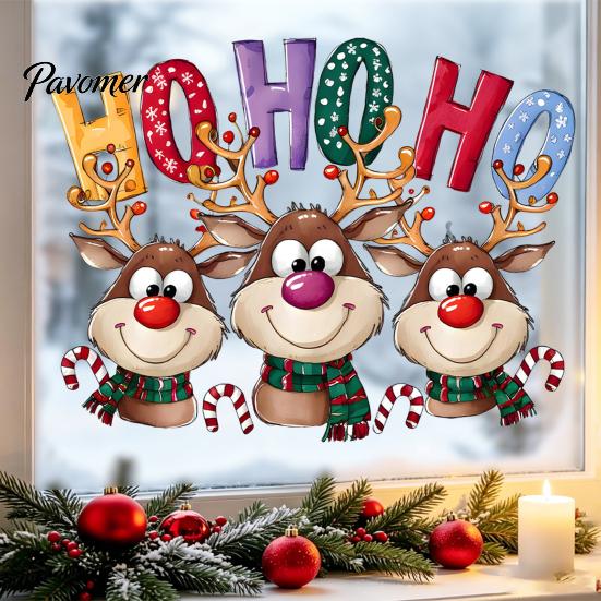 Glass Door Decor Christmas Static Cling Window Stickers, Cartoon Reindeer HOHOHO Art Decals, Surface Embellishments Festive Holiday for Home