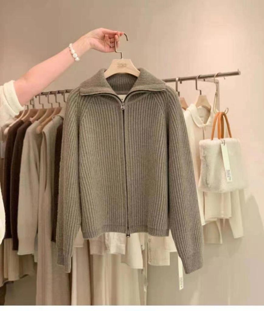 Women's Heavyweight Wool Zipper Cardigan – Autumn/Winter, 100% Pure Wool, Lapel Sweater Knit, Loose Fit Outerwear