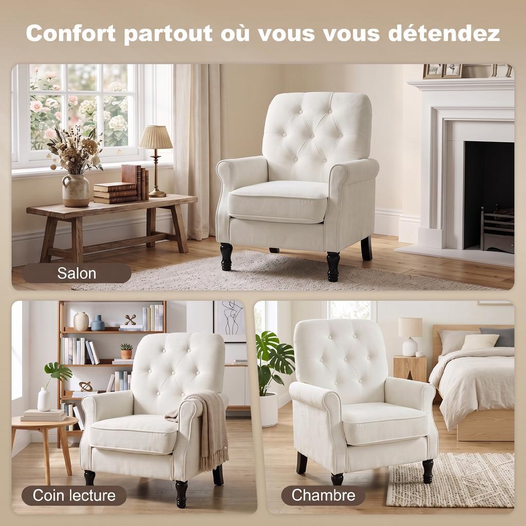 Lounge Chair, 1-Seater Sofa, Padded Seat, Spring Cushion, Linen, 69 x 75 x 90 cm, Cream