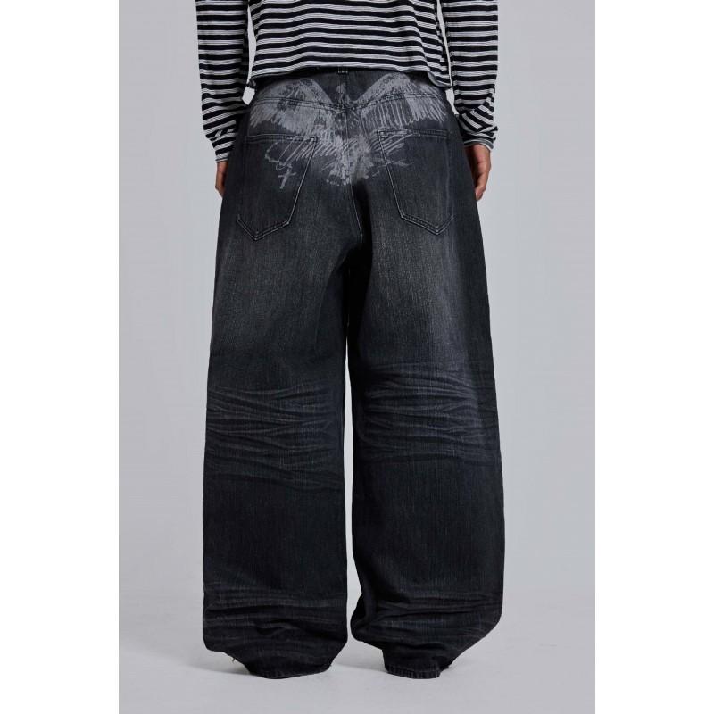Angel Wings Print Jeans Y2K Loose Straight Leg Streetwear Teens