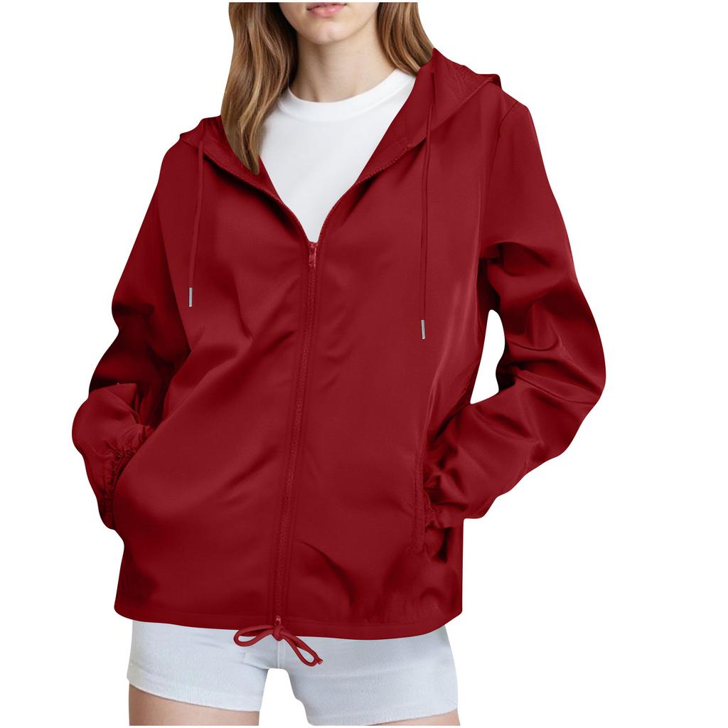 Women Solid Rain Jacket Outdoor Plus Waterproof Hooded Raincoat Windproof