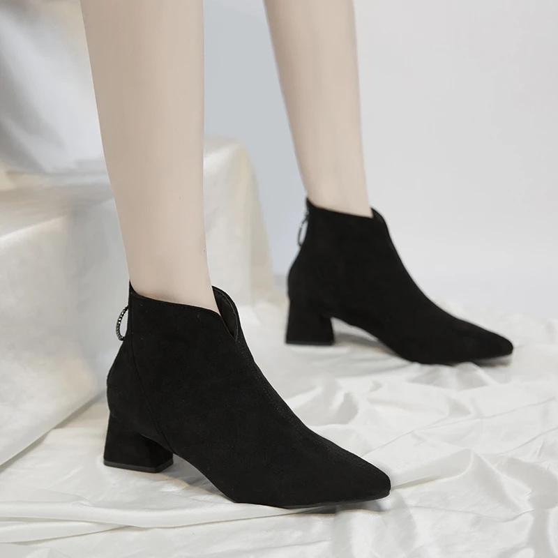 Damenschuhe 2024 Fashion Zipper Damenstiefel Herbst Spitzschuh Feste Kurze Barrel Blockabsatz Nackte Stiefel Zapatos Mujer