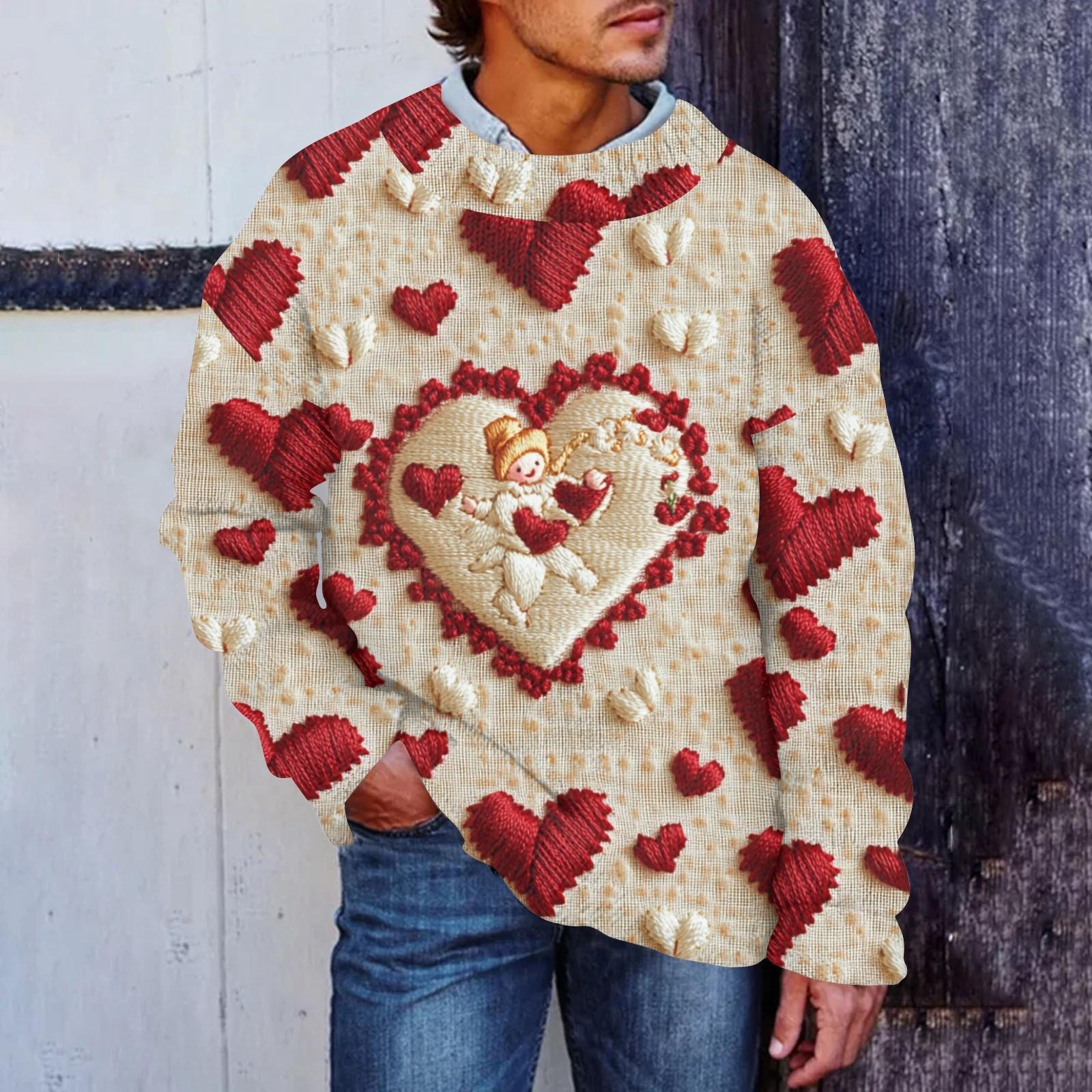 

Мужская мода Повседневная кофта с длинными рукавами на День святого Валентина Нежный принтованный свитер с круглым вырезом из шерсти и имитацией цветка Толстовка с капюшоном с круглым вырезом Свободные длинные рукава XXL киноварь