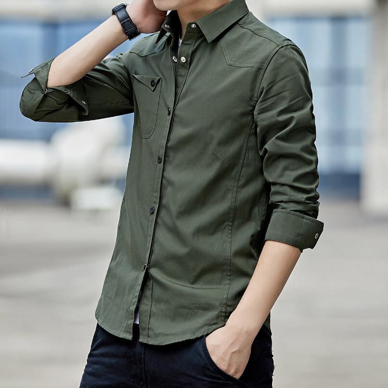 Men's Olive Green Long Sleeve Cargo Shirt, Casual Button Down Top with Chest Pocket for Daily Wear