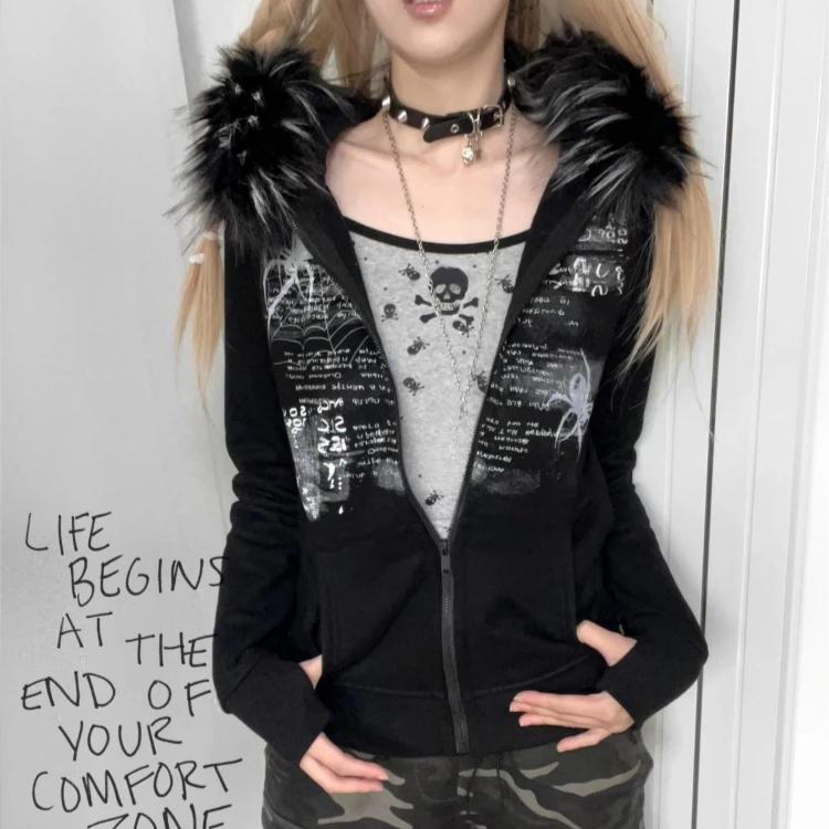 VAYLA Y2k Fur Patchwork Grunge Hoodies Women Streetwear Vintage Harajuku Gothic Print Hooded Sweatshirt Coat Aesthetic Slim Jacket