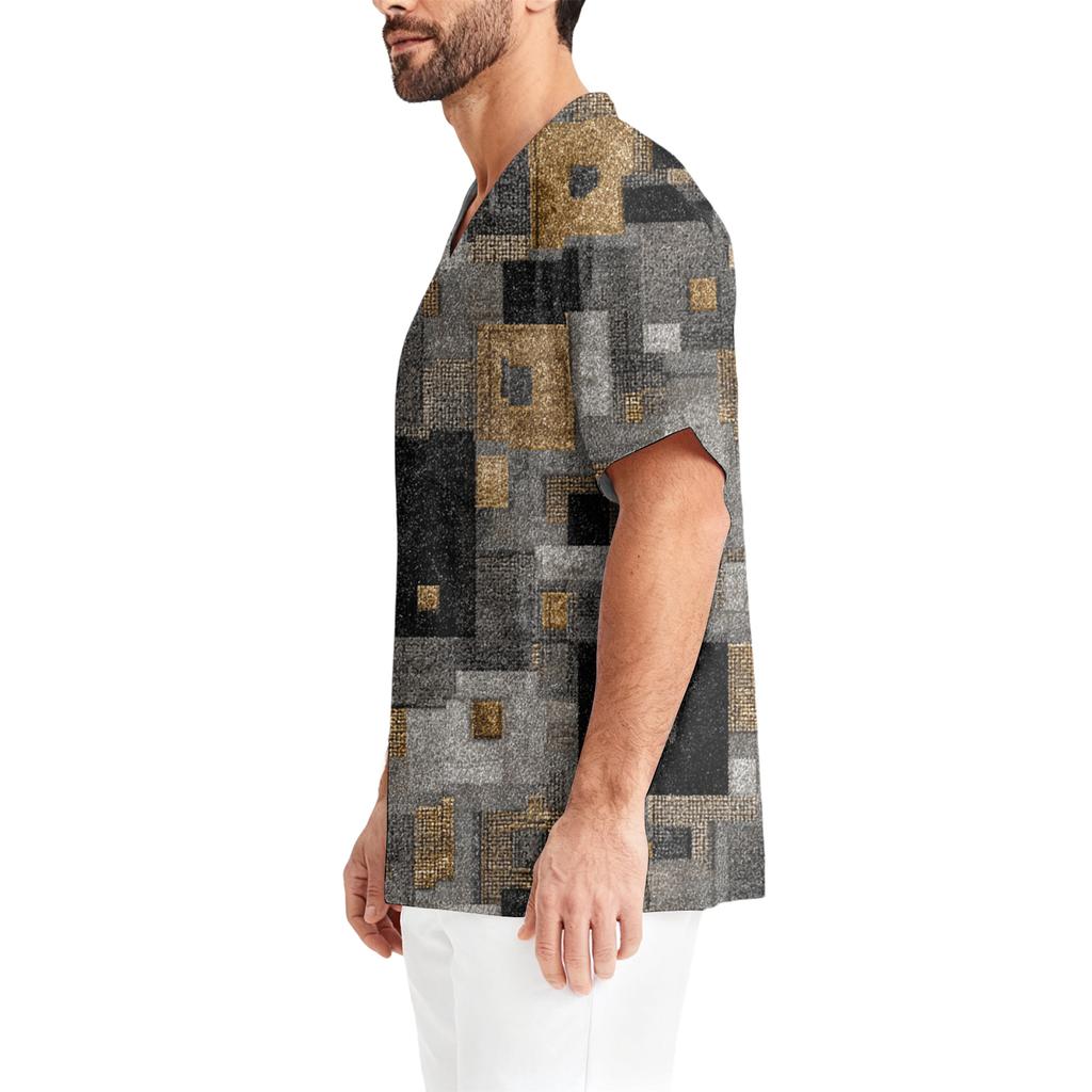 Men's Printing Short Sleeve V-neck Working Blouse Chest Pocket Carer Top