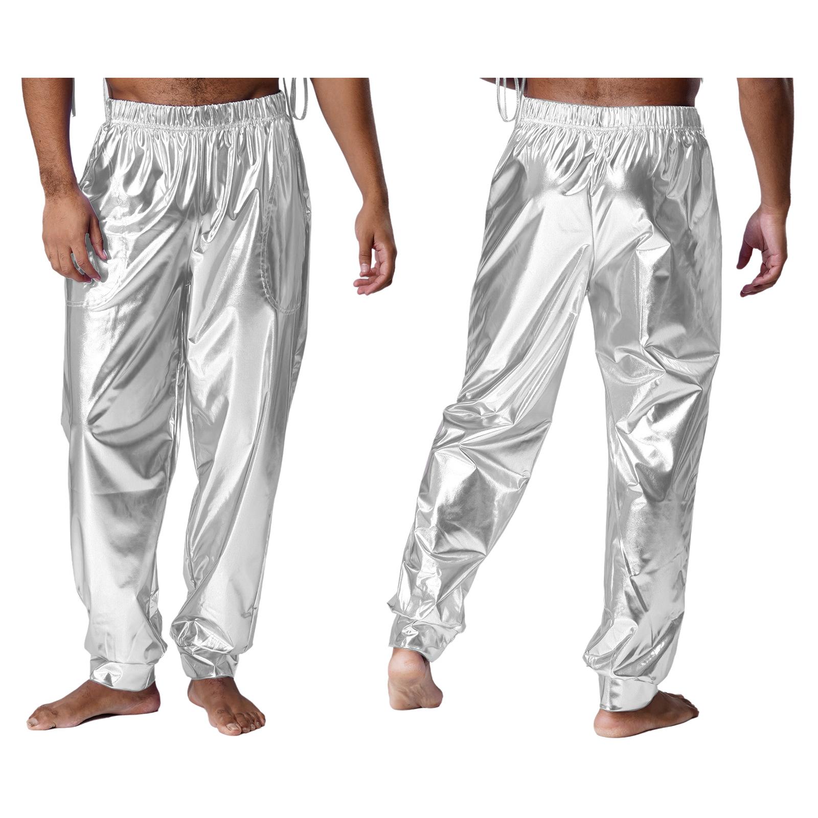 

Men‘s Fashion Sport Pants M-XXL: Loose Fit with Metallic Sheen, High Elastic Waist for Dance, Gym & Streetwear Style XXL срібний