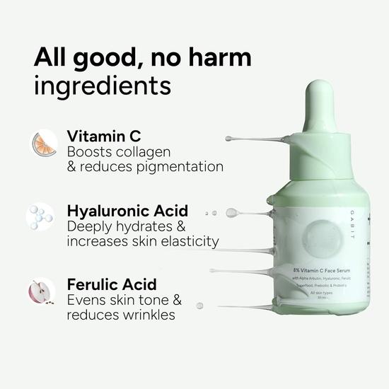 Gabit 8% Vitamin C Face Serum for Glowing Skin | Brightening Serum for Dark Spots, Tanned & Dull Skin; Hydrates |30 ml