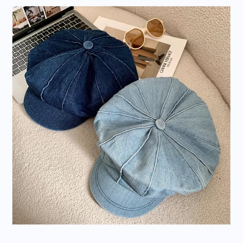 Japanese Simple Washed Denim Beret Women'S Spring Summer Literary And Retro Big Head Sunshade Octagonal Newsboy Cap Gorras