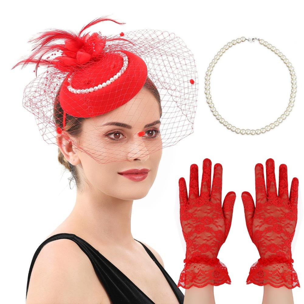 

Pearl Vintage Fascinator Hat Elegant Masquerade Hair Band Retro 1920s Hair Accessories Photography червоний