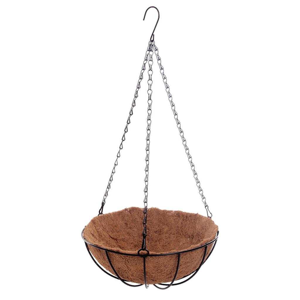 Hanging Coconut Basket Planter Flower Pot Black Metal Frame Hanger 14inch
