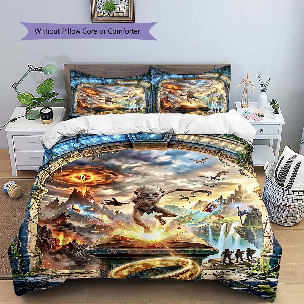 Lord Rings Pattern Bedding Set Quilt Cover Pillowcase Home Decor Gift (1 * Duvet Cover + 2 * Pillowcase, Without Core)