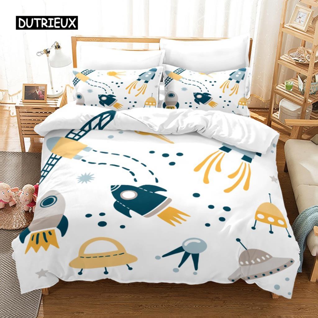 Cartoon Universe Duvet Cover Spacecraft Bedding Set For Boys Milky Way Astronaut Dream Teens Room Decor