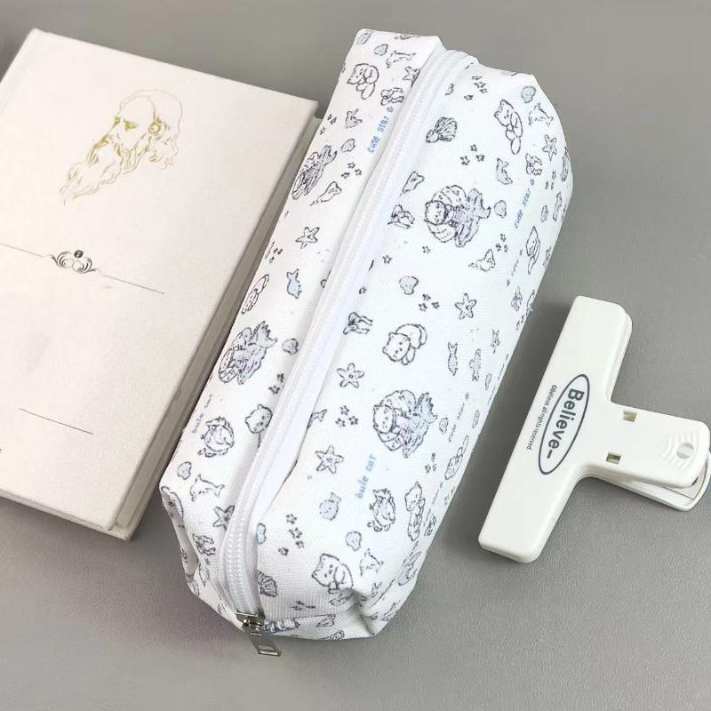 Canvas Pencil Case Polka Dot Bow Cat Star Print Sturdy Zipper Perfect For Students Daily Stationery Storage