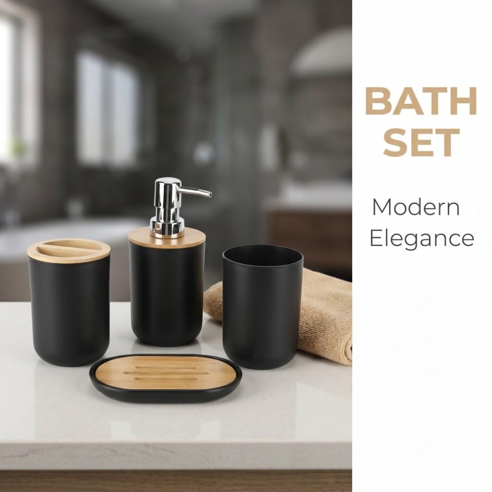 4-Piece Bathroom Accessory Set Plastic Bamboo Bathroom Supplies Set  Washroom Bathroom Counter