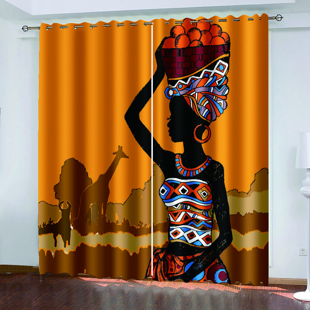 3D Simple African Women Abstract Art 2 Pieces Thin Shading Polyester Darkening Curtain for Living Room Bedroom Decor Hooks