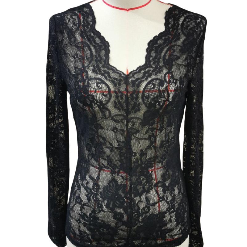 Jarní nové sexy krajkové košile s dlouhým rukávem pro ženy, módní jednobarevné průsvitné slim fit ležérní halenky pro ženy, elegantní háčkované dámské košile 26251