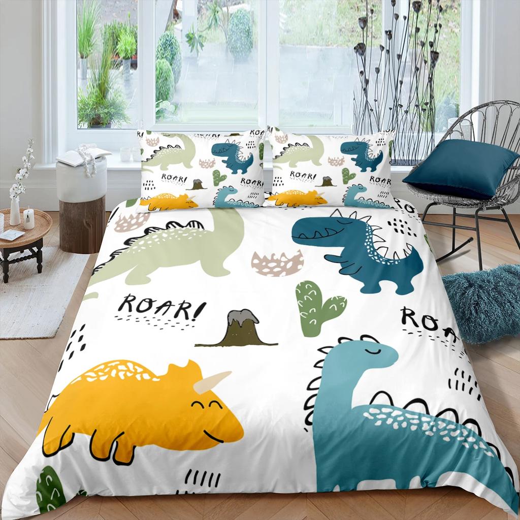 Carton Dinosaur Soft Duvet Cover King Quen Children Kids Jurasic World Stegosaurus Tyranosaurus Beding Set 2/3pcs Polyester Comfortable Quilt Cover
