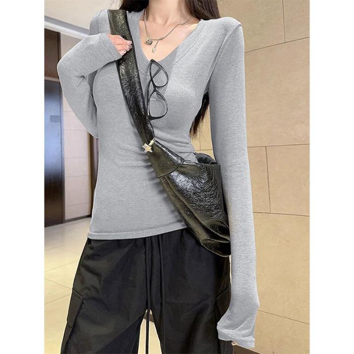 Women's Slim Fit V-Neck Long Sleeve Shirt - Solid Color Korean Style for Spring and Autumn