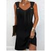 QICED Fashion Summer Spring Solid Color Print Sleeveless V-Neck Casual Dresses