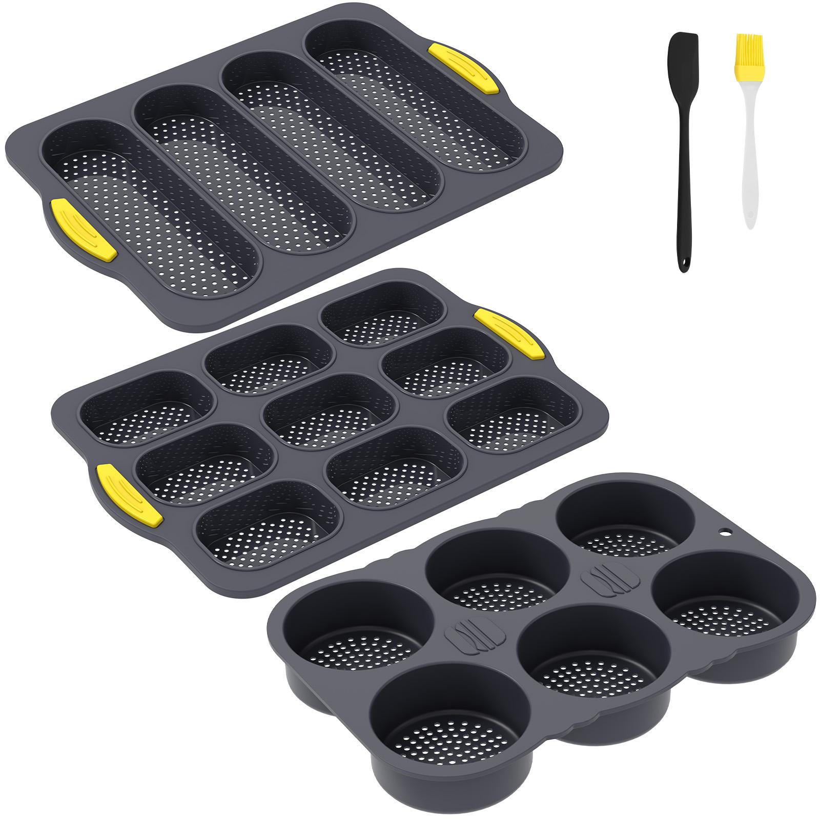 

3Pcs Silicone Hamburger Bun Mold with Spatula and Brush 4/6/9 Cup Hamburger Bun Pan Baguette Pan for Baking Sandwich Tray чёрный
