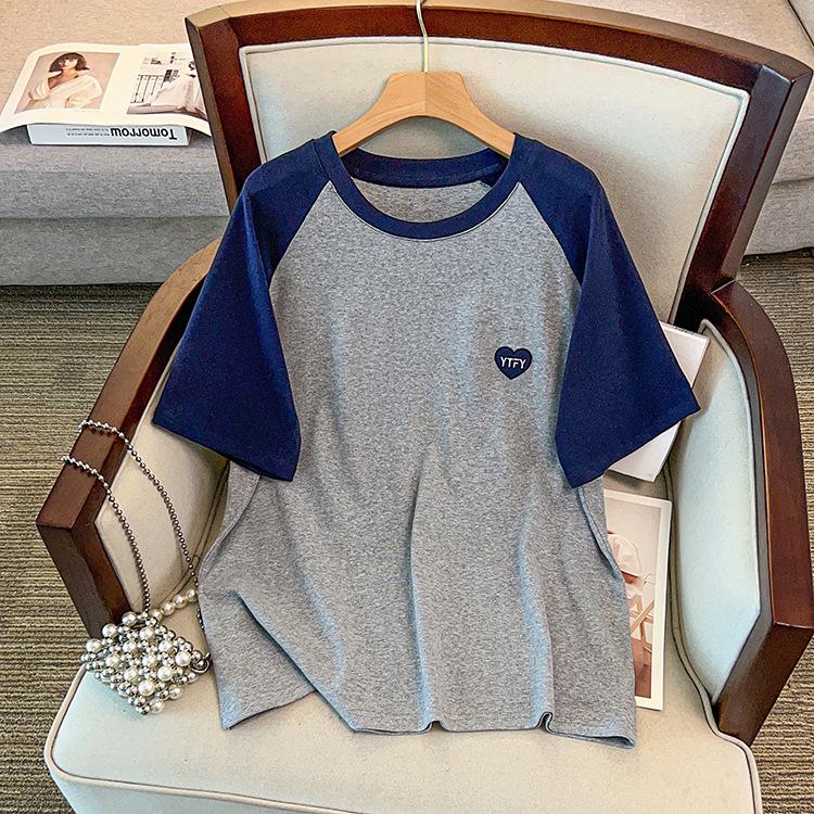 

2026 Summer Women s Plus Size Cotton Raglan Sleeve Heart Embroidered Casual Loose T-Shirt 6XL (Weight 210-240 Jin) сірий колір