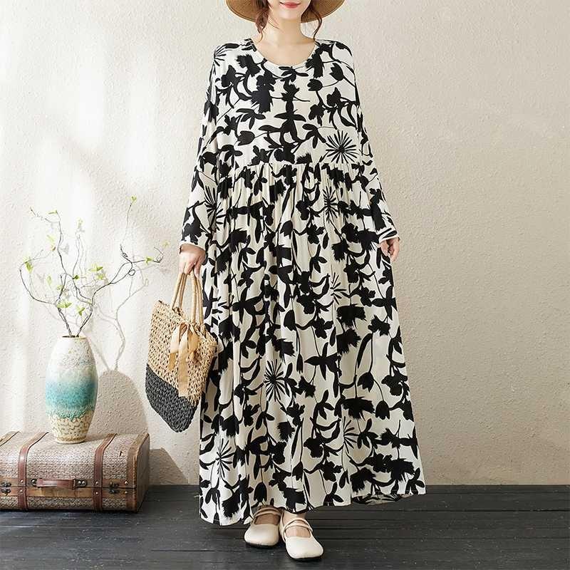 Round Neck Long Sleeve Loose Literary Vacation Style Dress
