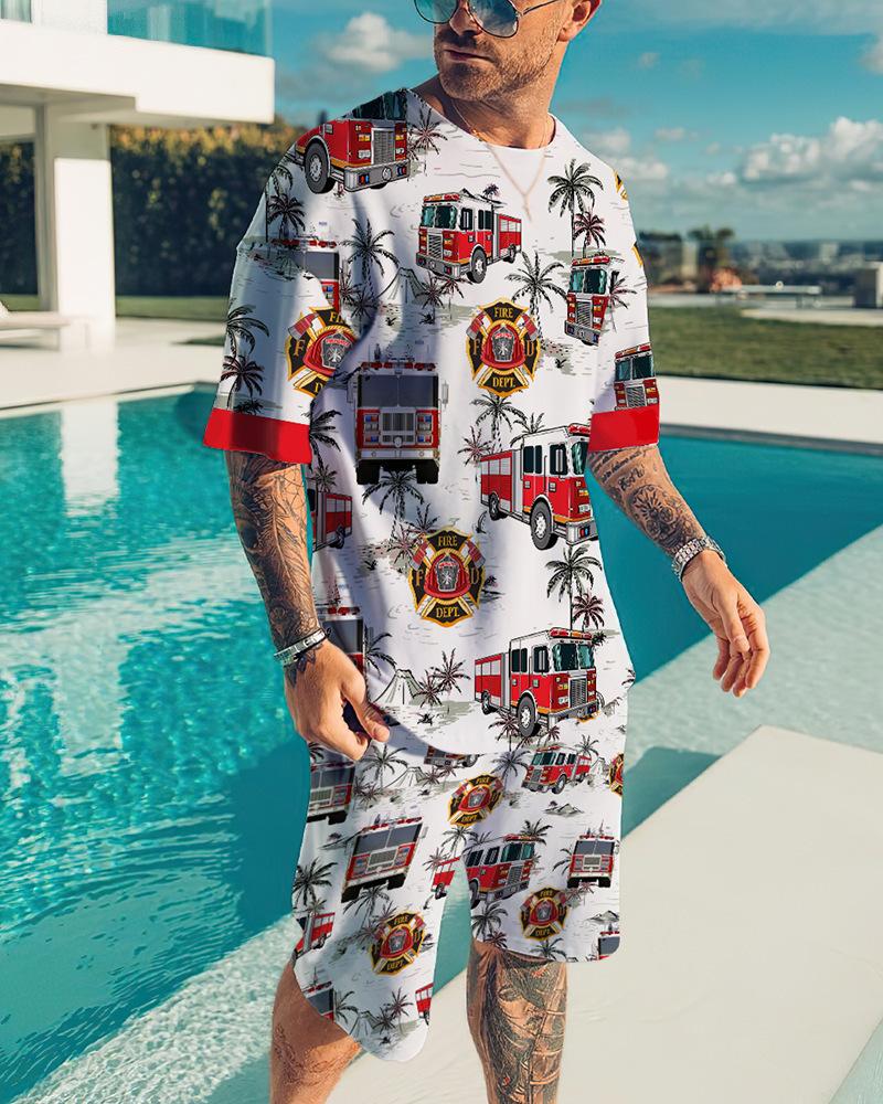 European and American summer new 3D digital print men's fashion casual set, T-shirt and shorts set