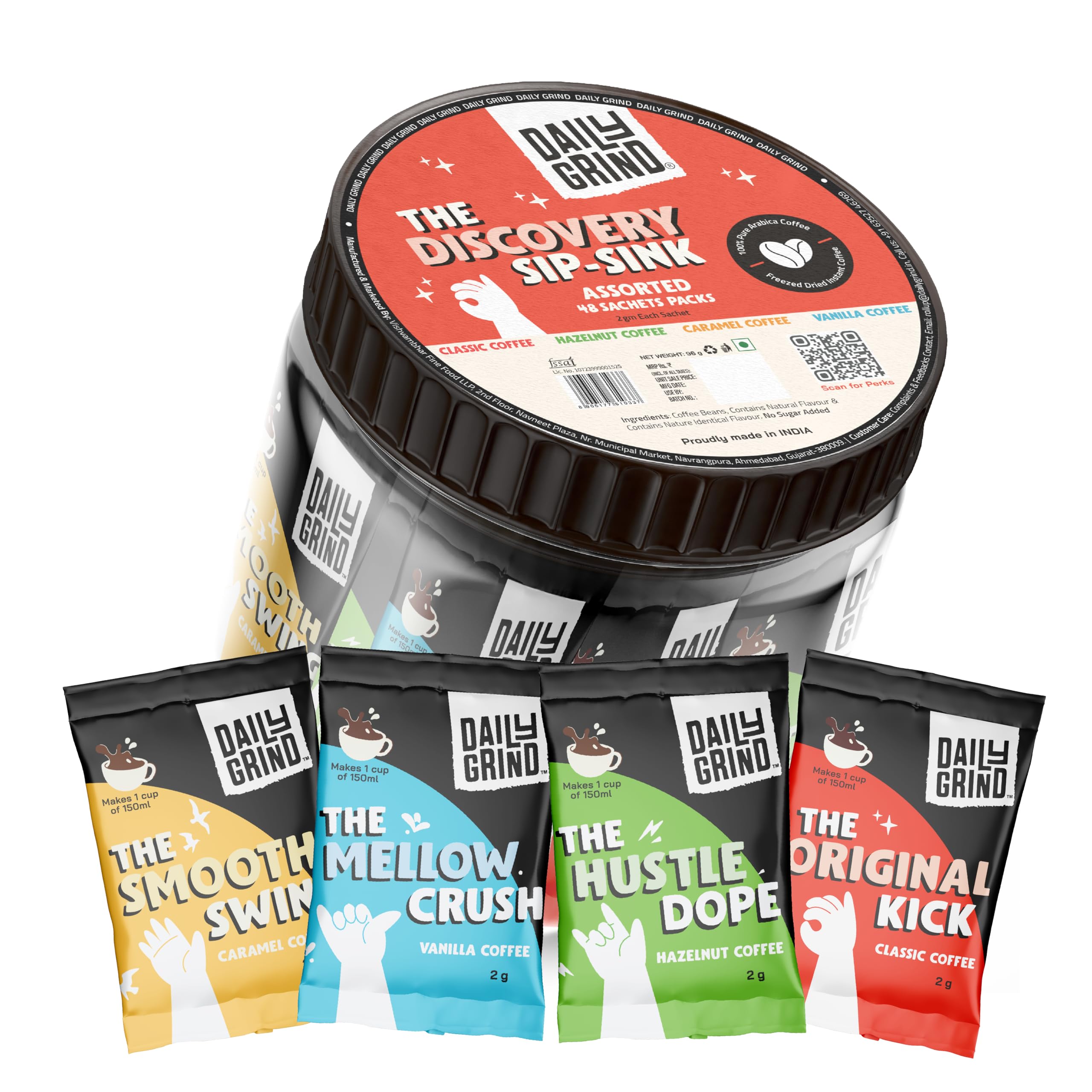 DAILYGRIND Пакетики с растворимым кофе - Упаковка 48 шт. | 4 вкуса (2 г X 48) | Ассорти пакетиков с кофейным порошком в банке - Классический, Фундук, Ваниль