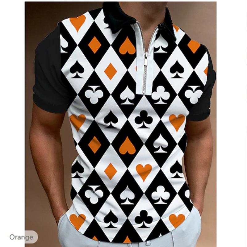 

Casual Lapel T-shirt Young Men s Fashion Zipper T-shirt Short Sleeve T-shirt Men s 3D Poker Print Print T Shirt 8XL помаранчевий