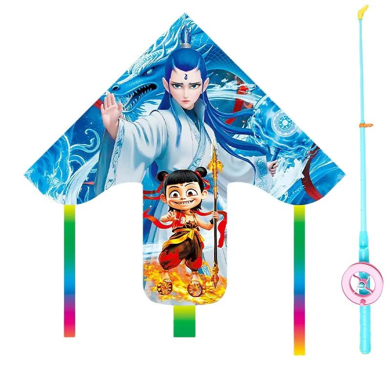 1 Set Cartoon Nezha Foldable Mini Plastic Kites Hand Brake Fishing Rod Children Kite Toy Kids Fun Outdoor Toys