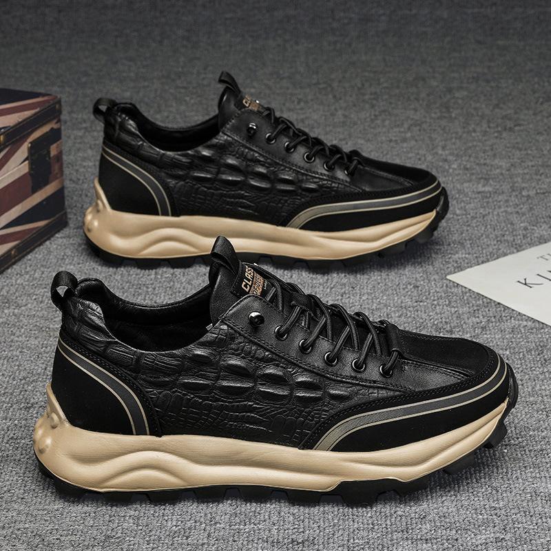 

Men s shoes autumn non-slip black labor insurance shoes kitchen work leather shoes crocodile pattern platform sports casual running shoes 39 чорний