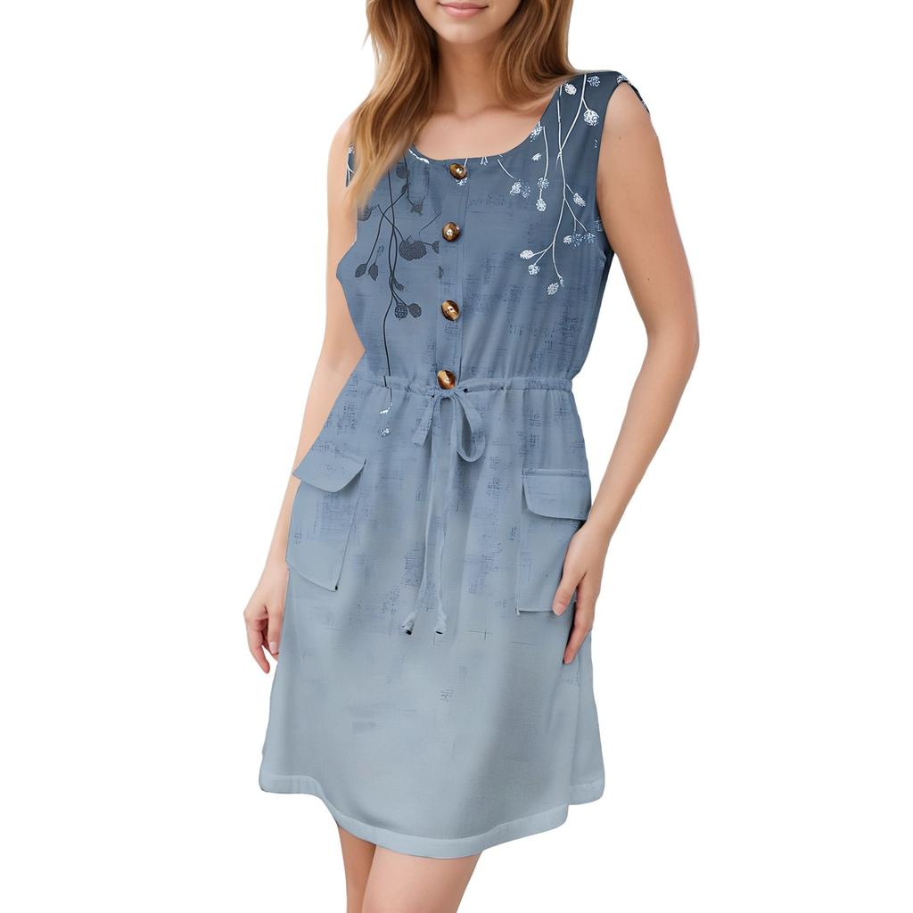 Women's Fashion Sleeveless Round Neck Printed Decorative Button Double Pocket Lace-up Dress