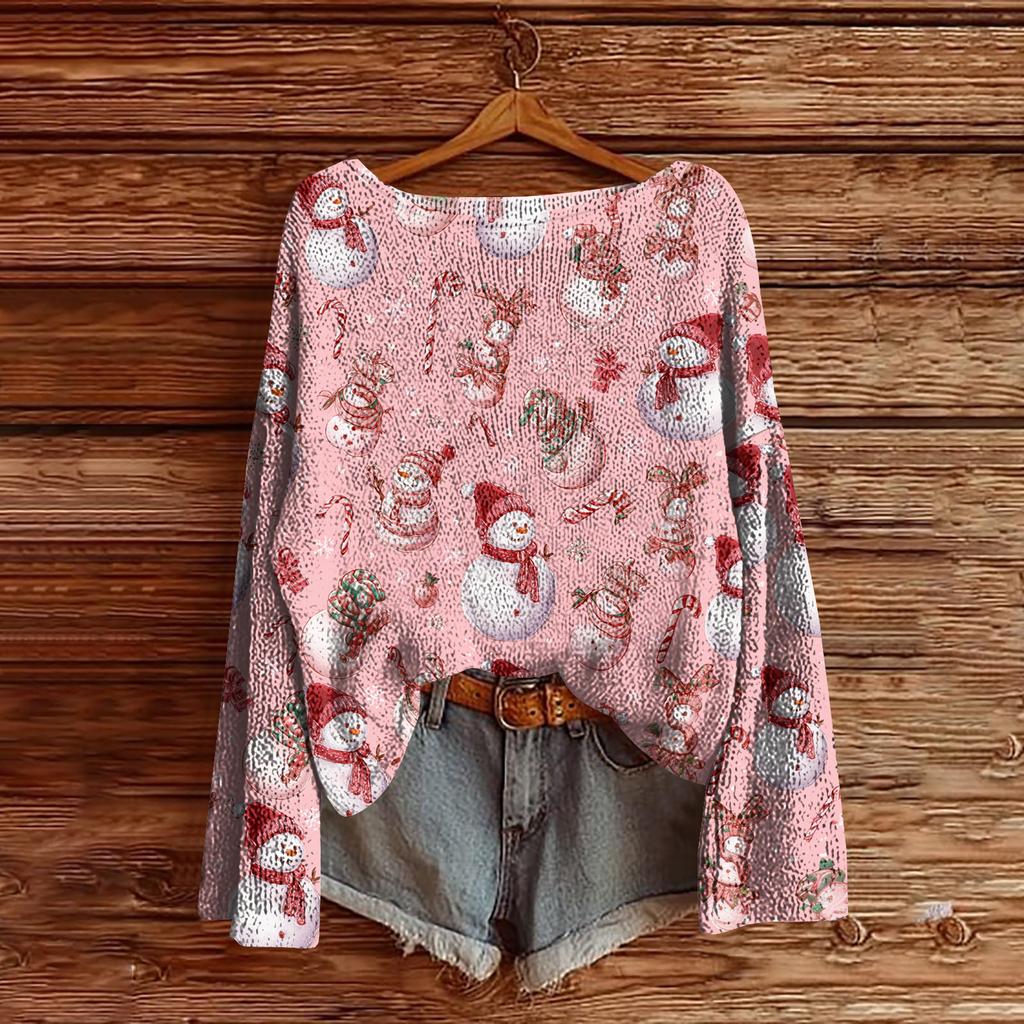 Women's Christmas Print Lightweight Sweater Casual Long Sleeve Knitted Pullover